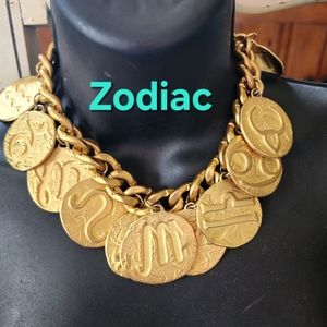 Huge chunky fashion statement zodiac signs necklace gold tone jewelry